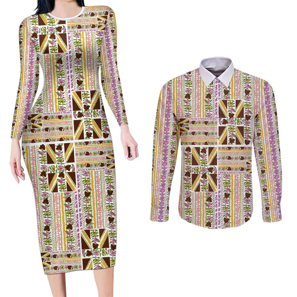 Hawaii Lokelani Pikake Lei Couples Matching Long Sleeve Bodycon Dress and Long Sleeve Button Shirt Hawaiian Flag Motif LT9 White - Polynesian Pride