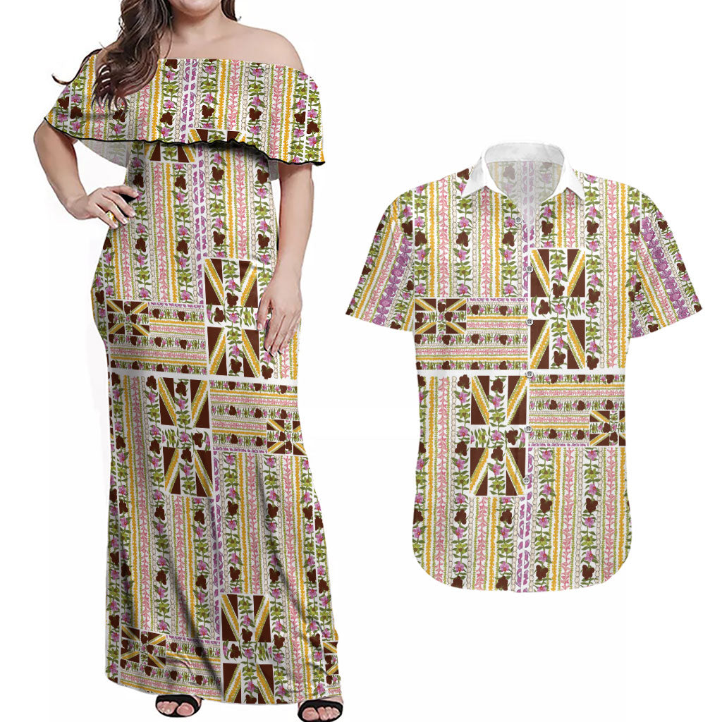 Hawaii Lokelani Pikake Lei Couples Matching Off Shoulder Maxi Dress and Hawaiian Shirt Hawaiian Flag Motif LT9 White - Polynesian Pride