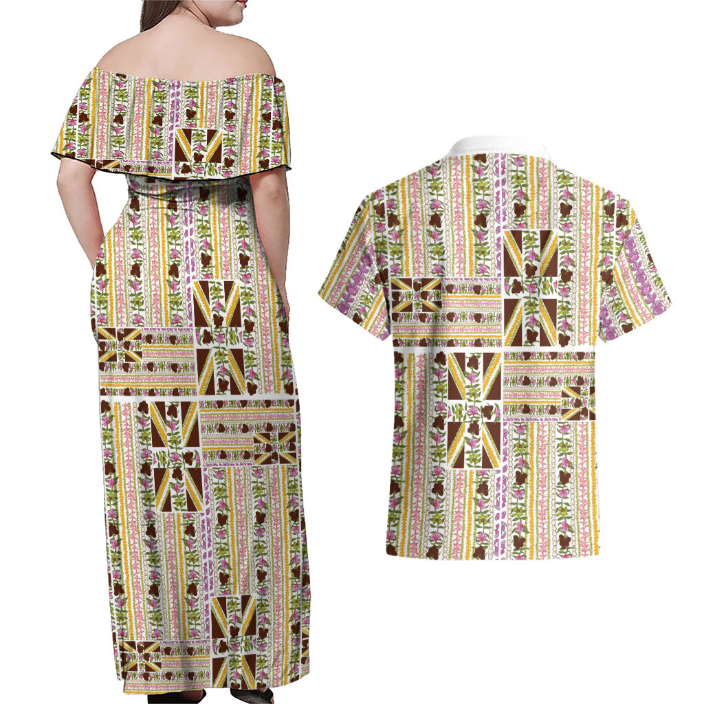 Hawaii Lokelani Pikake Lei Couples Matching Off Shoulder Maxi Dress and Hawaiian Shirt Hawaiian Flag Motif LT9 - Polynesian Pride