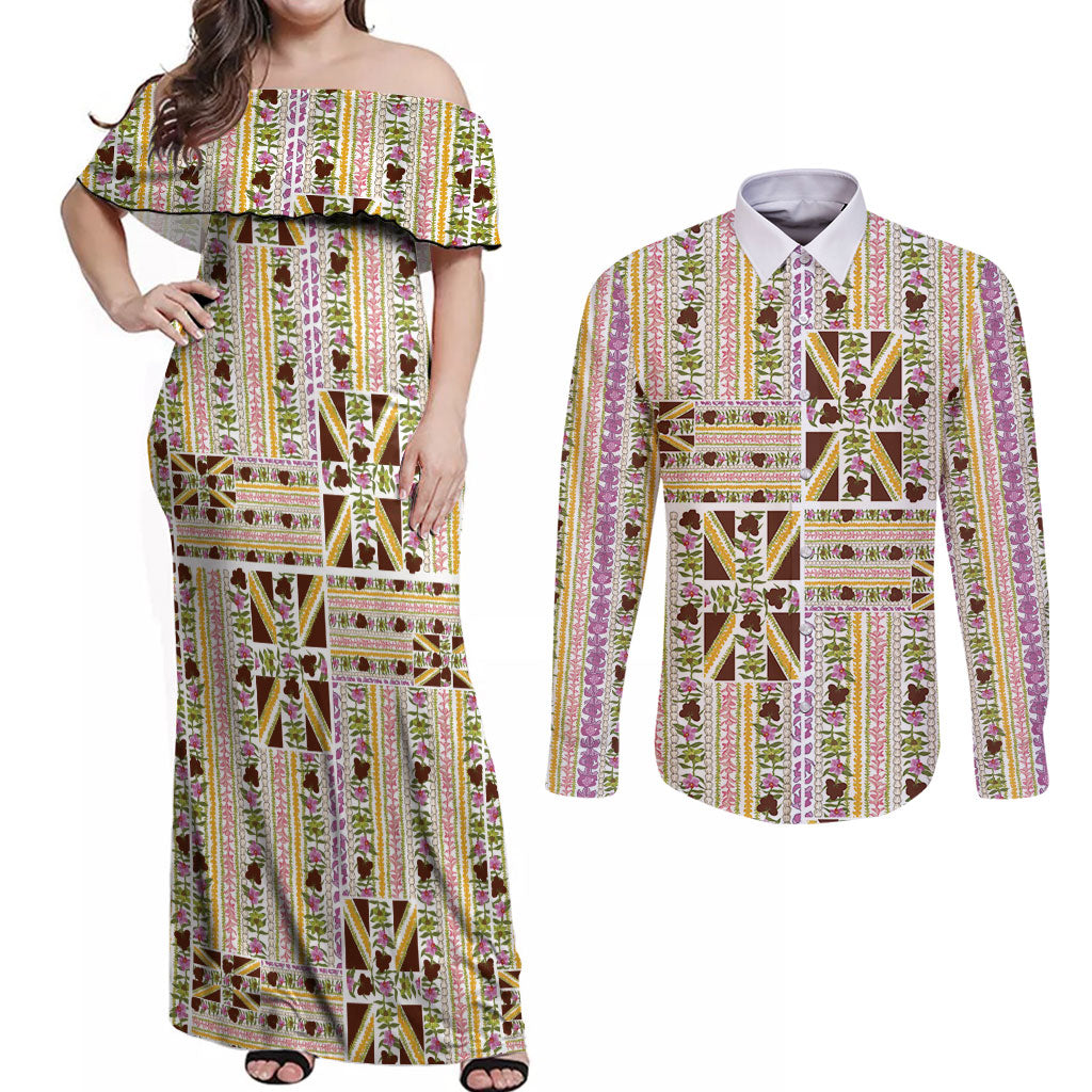 Hawaii Lokelani Pikake Lei Couples Matching Off Shoulder Maxi Dress and Long Sleeve Button Shirt Hawaiian Flag Motif LT9 White - Polynesian Pride