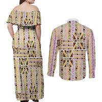 Hawaii Lokelani Pikake Lei Couples Matching Off Shoulder Maxi Dress and Long Sleeve Button Shirt Hawaiian Flag Motif LT9 - Polynesian Pride