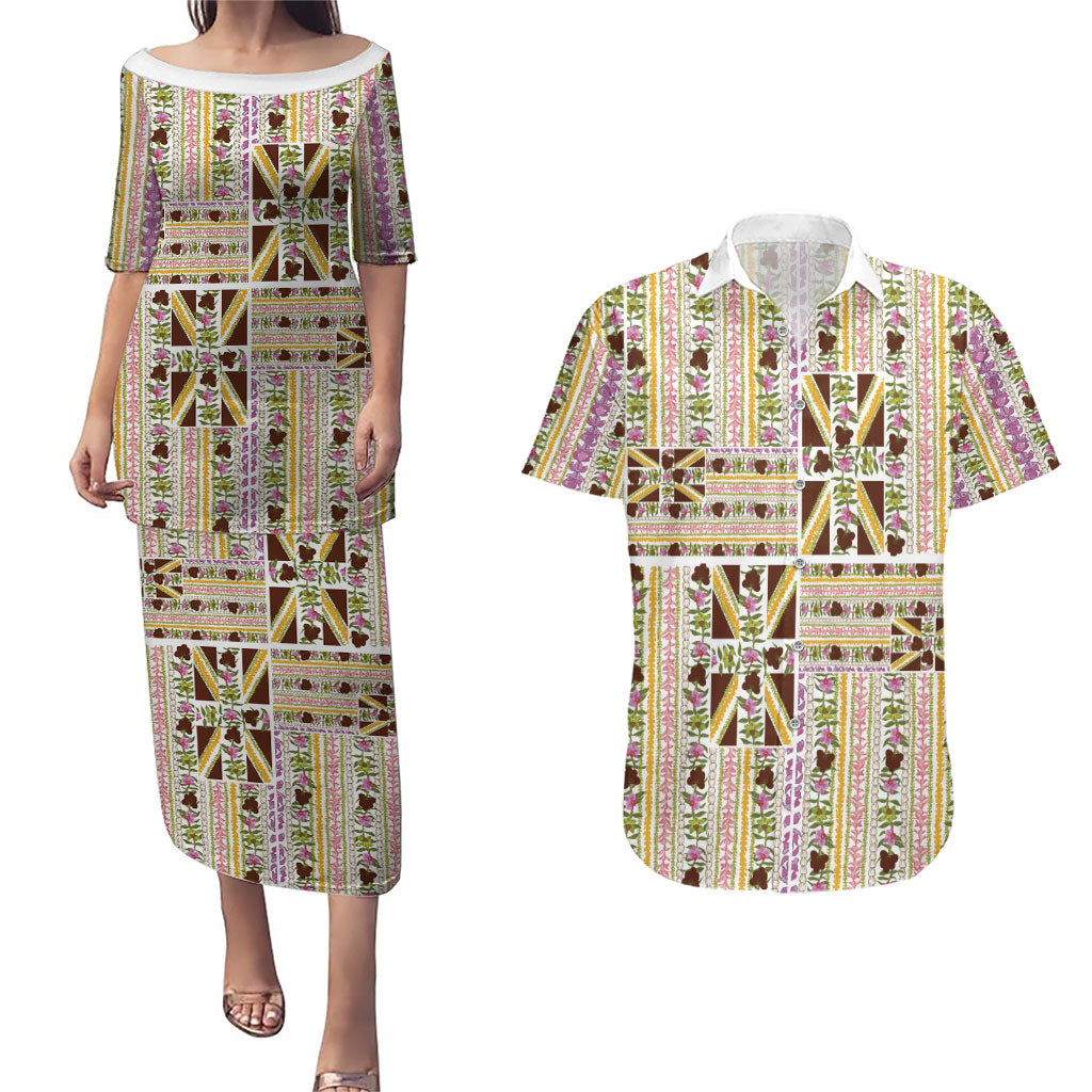 Hawaii Lokelani Pikake Lei Couples Matching Puletasi and Hawaiian Shirt Hawaiian Flag Motif LT9 White - Polynesian Pride