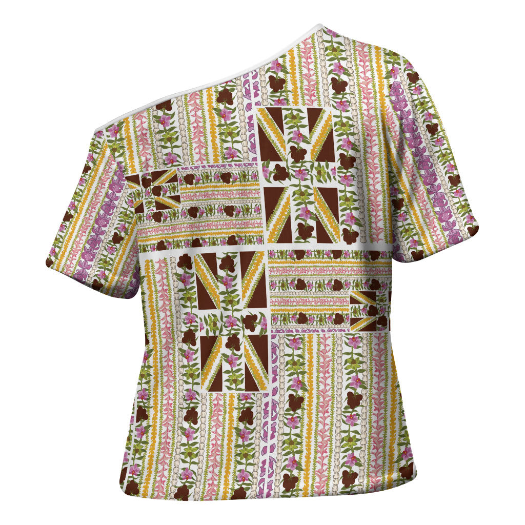 Hawaii Lokelani Pikake Lei Cross Shoulder Shirt Hawaiian Flag Motif