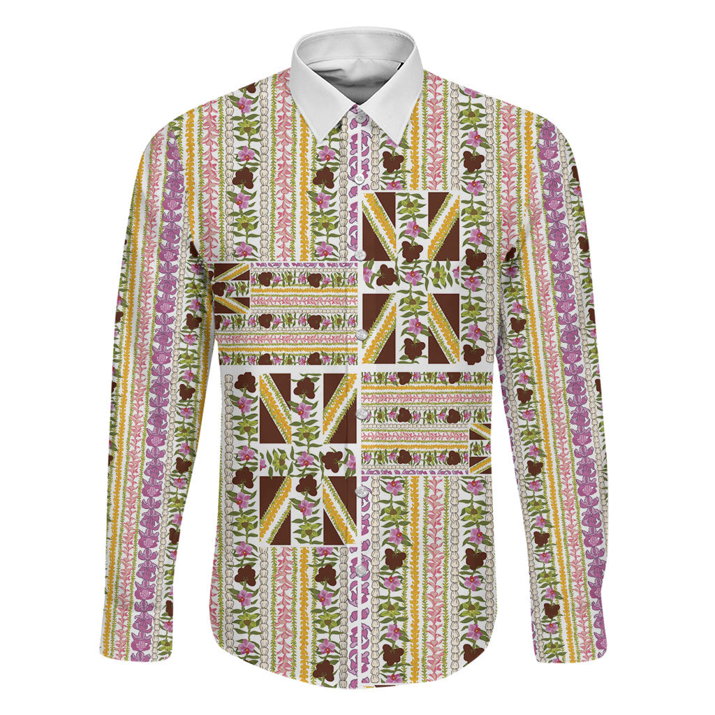 Hawaii Lokelani Pikake Lei Family Matching Long Sleeve Bodycon Dress and Hawaiian Shirt Hawaiian Flag Motif LT9 Dad's Shirt - Long Sleeve White - Polynesian Pride