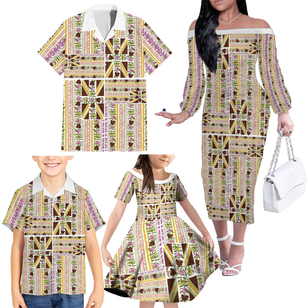 Hawaii Lokelani Pikake Lei Family Matching Off The Shoulder Long Sleeve Dress and Hawaiian Shirt Hawaiian Flag Motif LT9 - Polynesian Pride