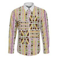 Hawaii Lokelani Pikake Lei Family Matching Off Shoulder Maxi Dress and Hawaiian Shirt Hawaiian Flag Motif LT9 Dad's Shirt - Long Sleeve White - Polynesian Pride