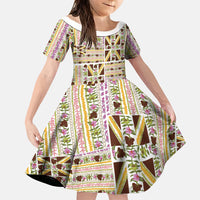 Hawaii Lokelani Pikake Lei Family Matching Puletasi and Hawaiian Shirt Hawaiian Flag Motif LT9 Daughter's Dress White - Polynesian Pride