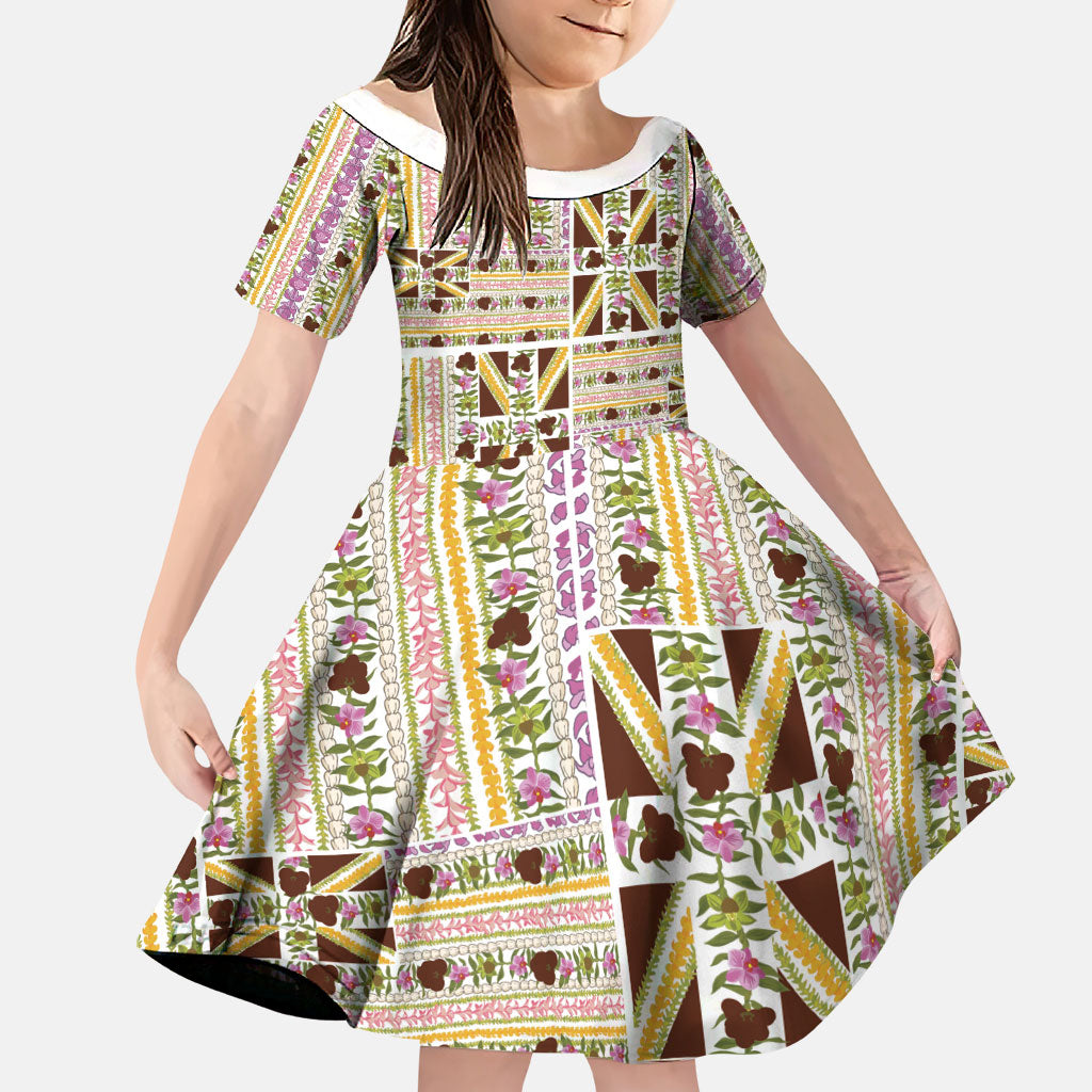 Hawaii Lokelani Pikake Lei Family Matching Tank Maxi Dress and Hawaiian Shirt Hawaiian Flag Motif LT9 Daughter's Dress White - Polynesian Pride