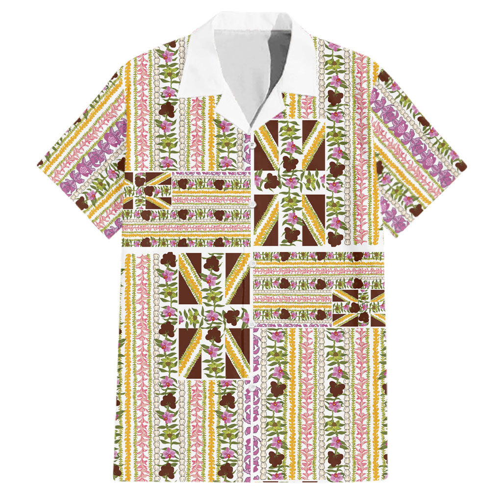 Hawaii Lokelani Pikake Lei Family Matching Tank Maxi Dress and Hawaiian Shirt Hawaiian Flag Motif LT9 Dad's Shirt - Short Sleeve White - Polynesian Pride