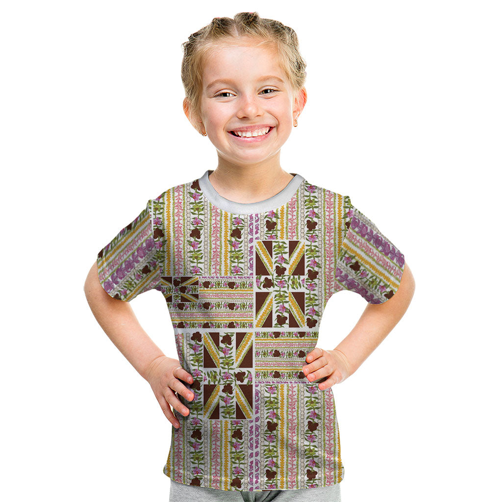 Hawaii Lokelani Pikake Lei Kid T Shirt Hawaiian Flag Motif LT9 White - Polynesian Pride