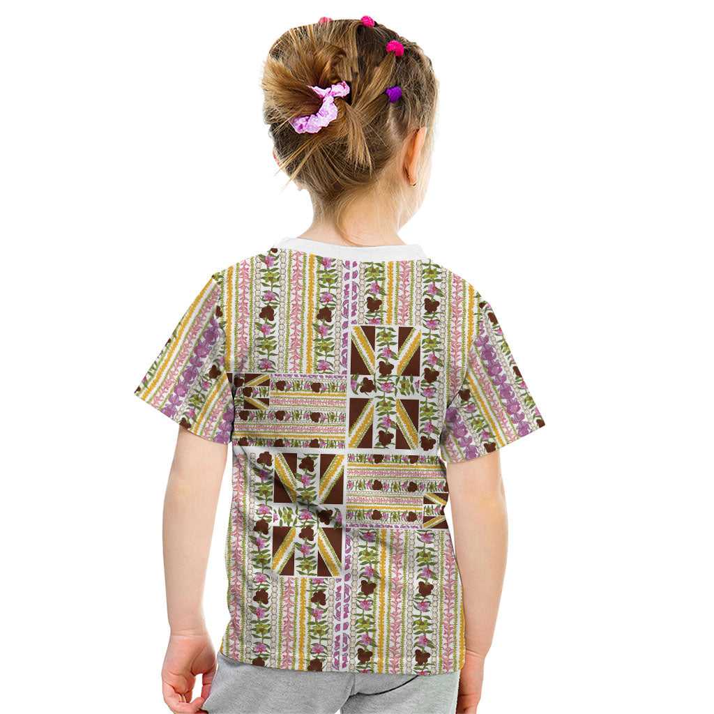Hawaii Lokelani Pikake Lei Kid T Shirt Hawaiian Flag Motif LT9 - Polynesian Pride