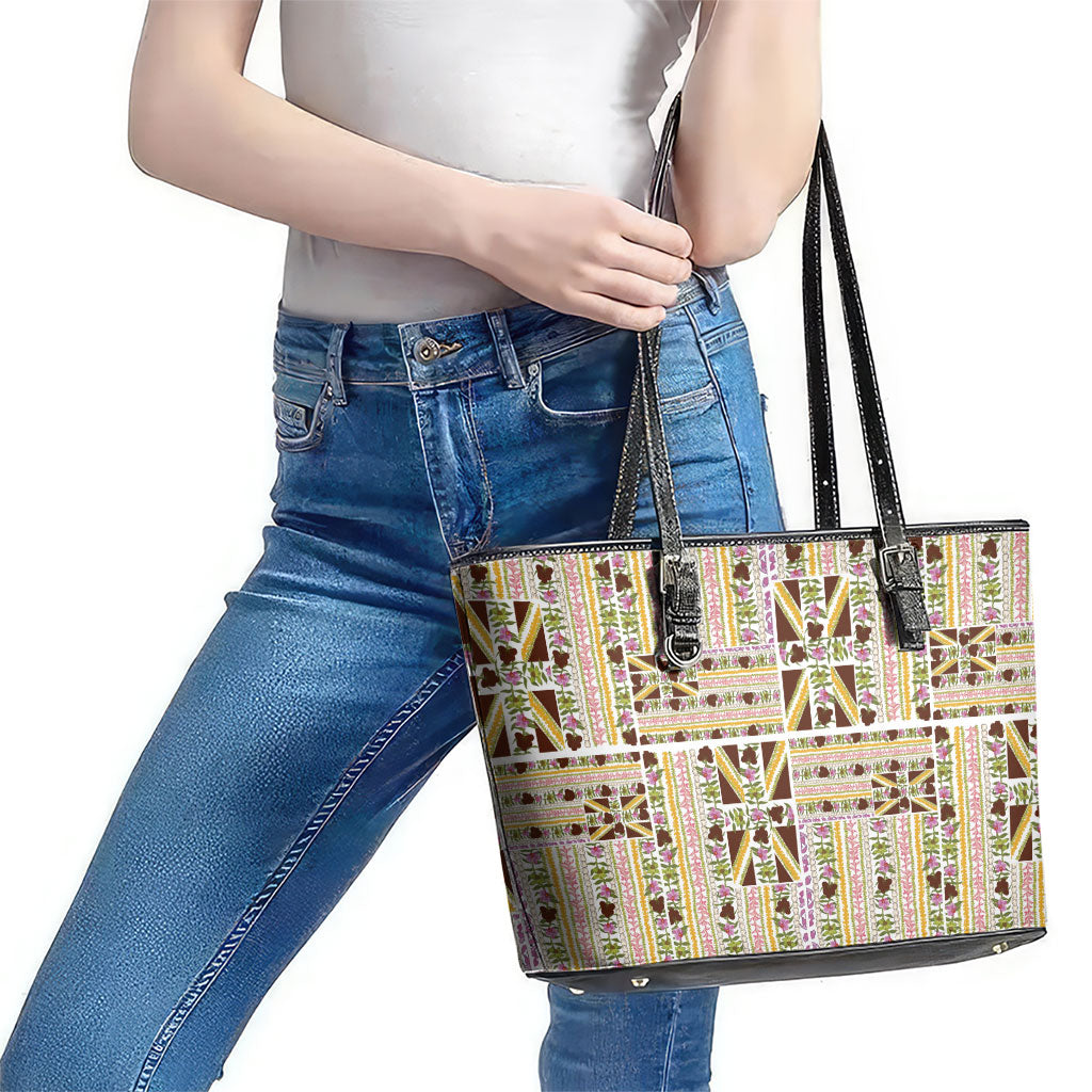 Hawaii Lokelani Pikake Lei Leather Tote Bag Hawaiian Flag Motif