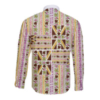 Hawaii Lokelani Pikake Lei Long Sleeve Button Shirt Hawaiian Flag Motif