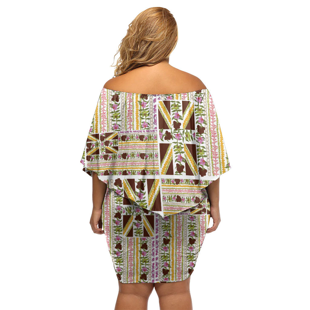 Hawaii Lokelani Pikake Lei Off Shoulder Short Dress Hawaiian Flag Motif