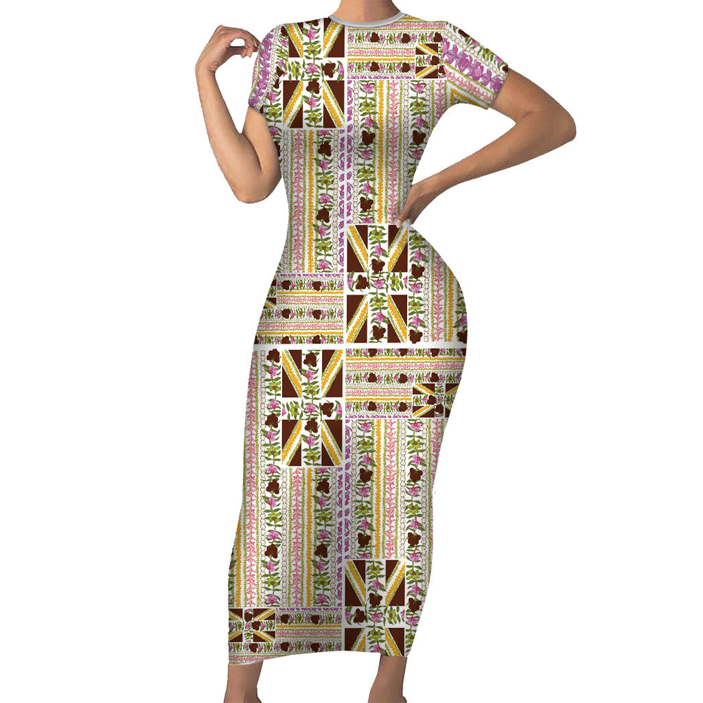 Hawaii Lokelani Pikake Lei Short Sleeve Bodycon Dress Hawaiian Flag Motif