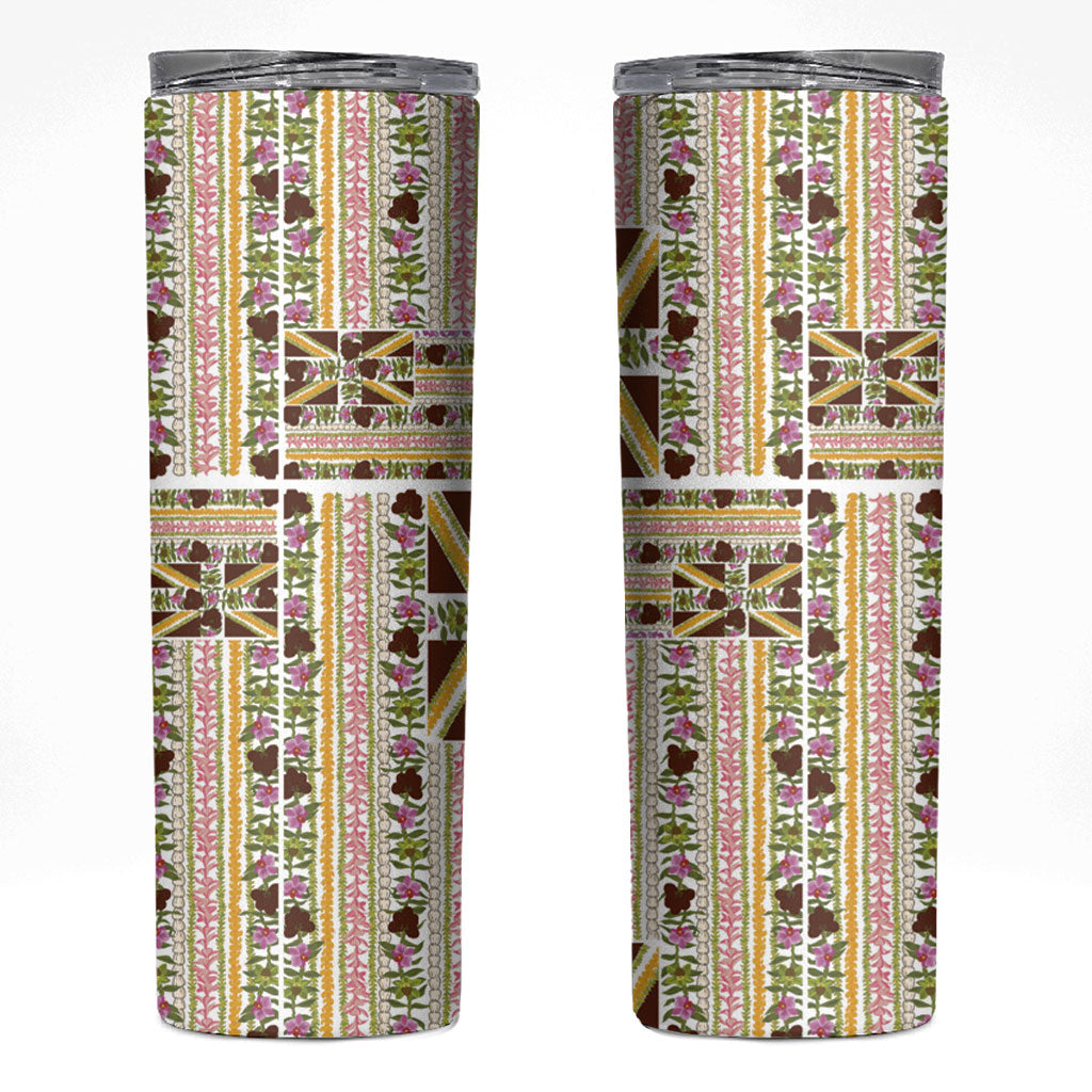 Hawaii Lokelani Pikake Lei Skinny Tumbler Hawaiian Flag Motif LT9 White - Polynesian Pride