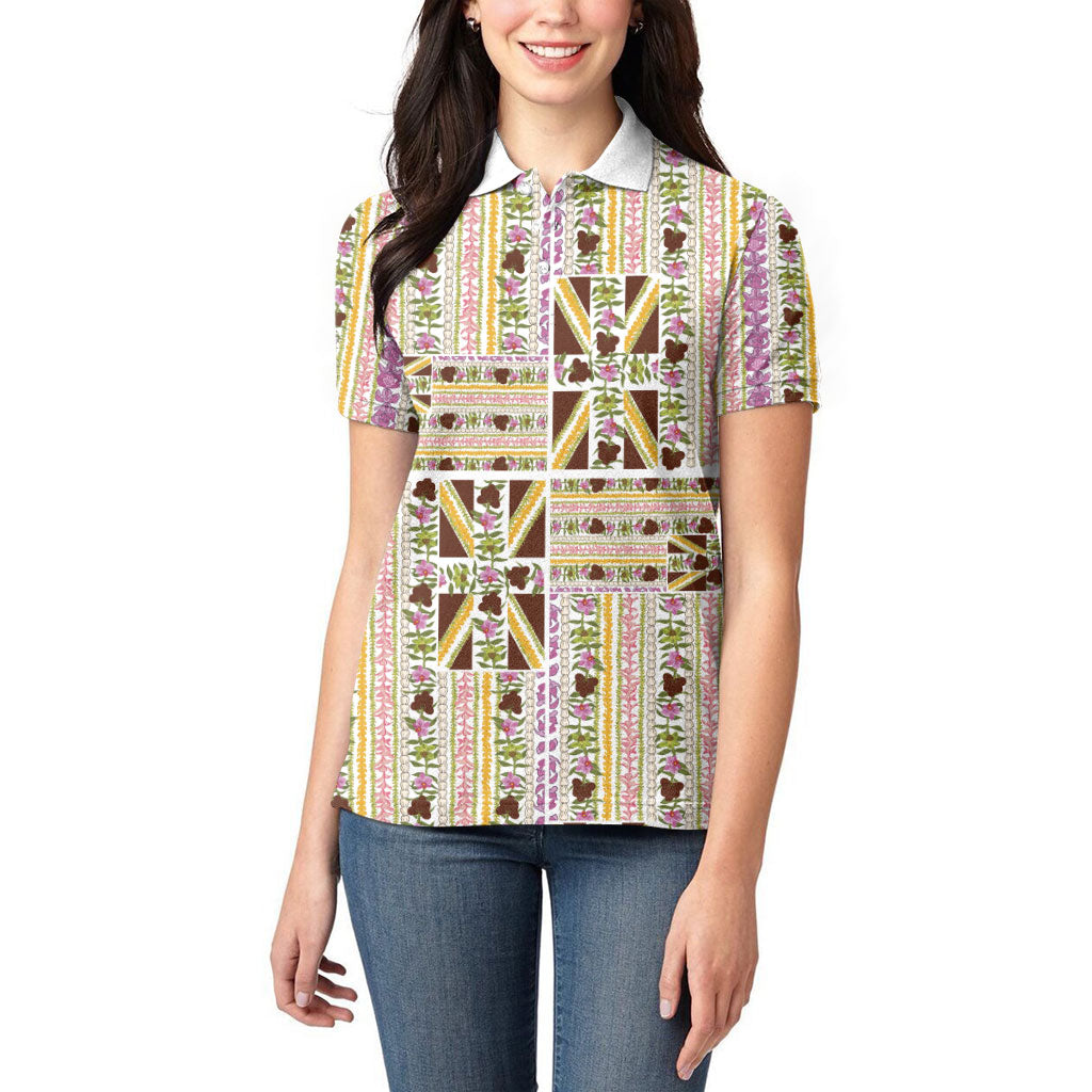 Hawaii Lokelani Pikake Lei Women Polo Shirt Hawaiian Flag Motif LT9 - Polynesian Pride