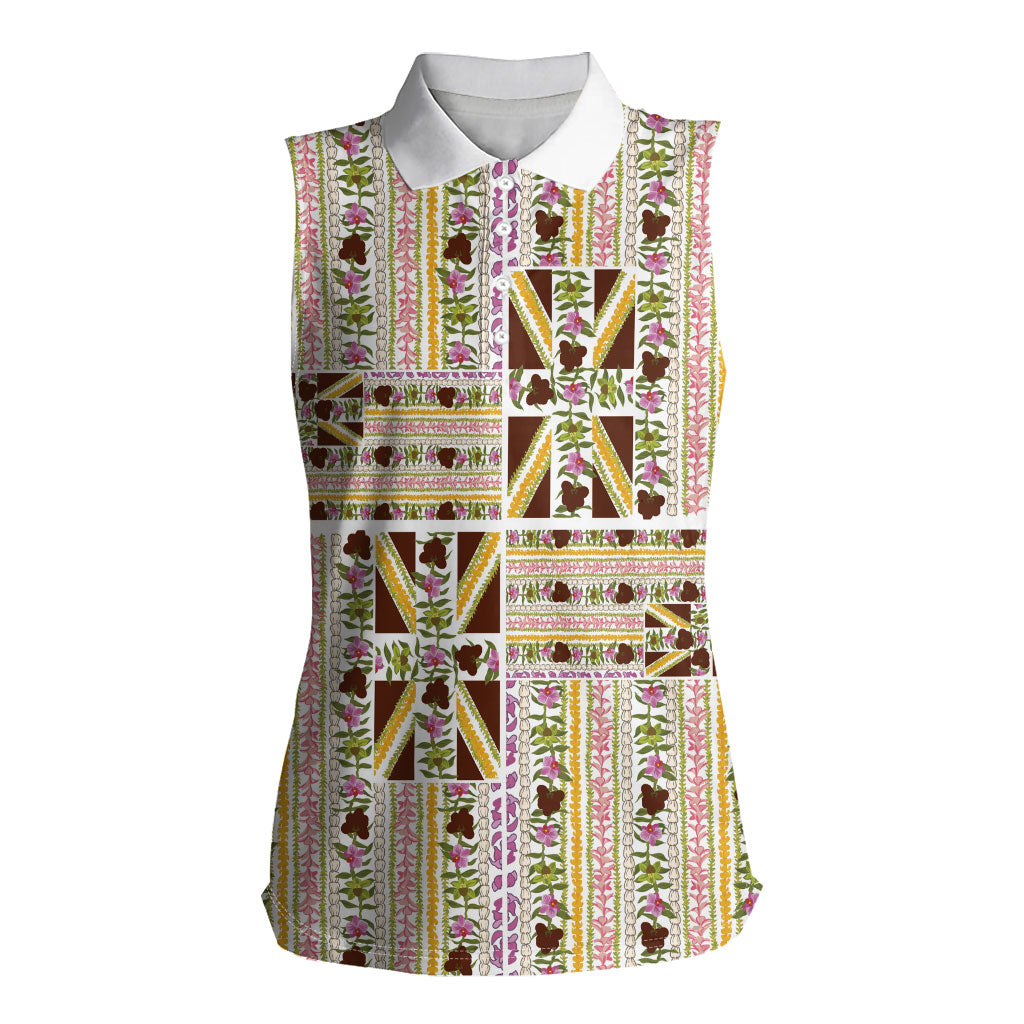 Hawaii Lokelani Pikake Lei Women Sleeveless Polo Shirt Hawaiian Flag Motif LT9 Female White - Polynesian Pride