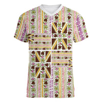 Hawaii Lokelani Pikake Lei Women V-Neck T-Shirt Hawaiian Flag Motif LT9 Female White - Polynesian Pride