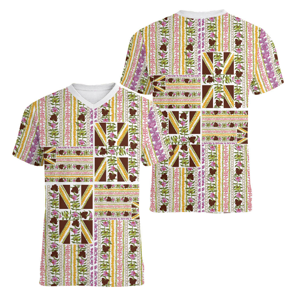 Hawaii Lokelani Pikake Lei Women V-Neck T-Shirt Hawaiian Flag Motif LT9 - Polynesian Pride