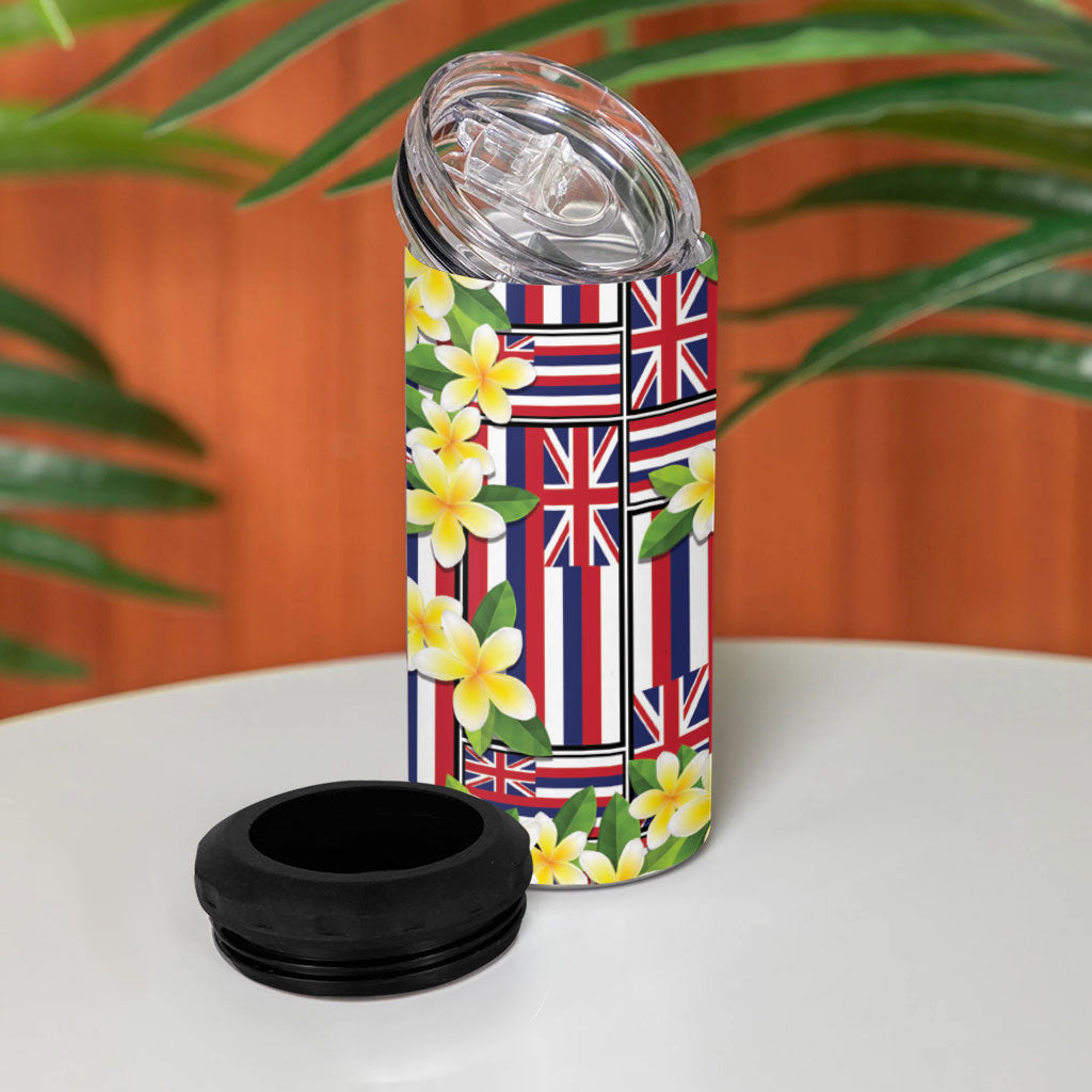 Hawaii Plumeria Lei 4 in 1 Can Cooler Tumbler Hawaiian Flag Motif LT9 - Polynesian Pride
