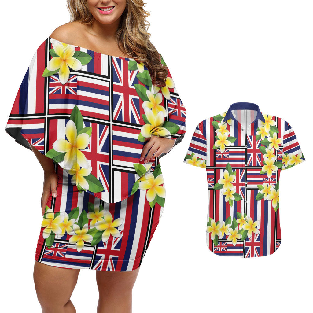 Hawaii Plumeria Lei Couples Matching Off Shoulder Short Dress and Hawaiian Shirt Hawaiian Flag Motif LT9 Red - Polynesian Pride