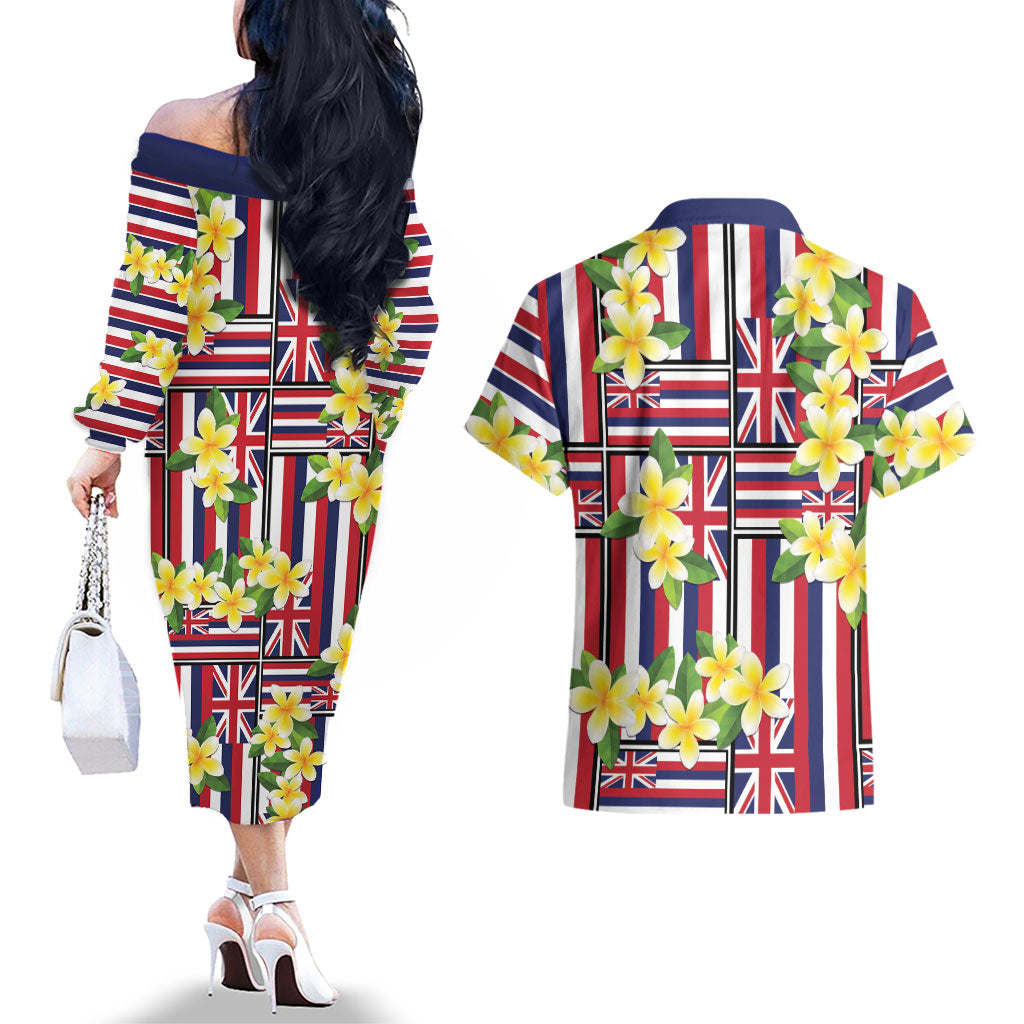 Hawaii Plumeria Lei Couples Matching Off The Shoulder Long Sleeve Dress and Hawaiian Shirt Hawaiian Flag Motif LT9 - Polynesian Pride