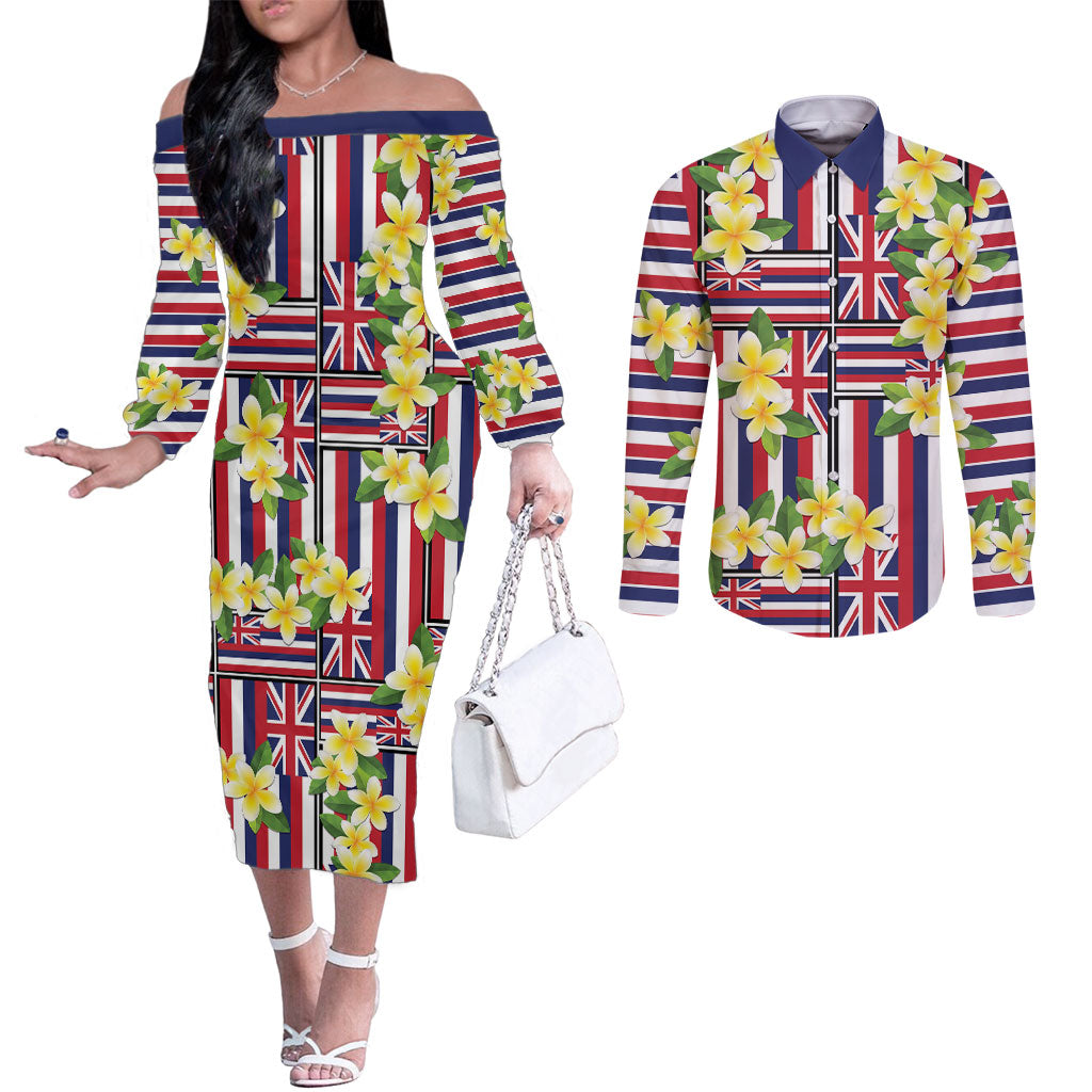 Hawaii Plumeria Lei Couples Matching Off The Shoulder Long Sleeve Dress and Long Sleeve Button Shirt Hawaiian Flag Motif