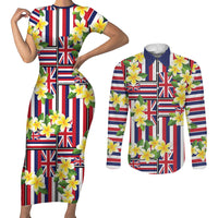 Hawaii Plumeria Lei Couples Matching Short Sleeve Bodycon Dress and Long Sleeve Button Shirt Hawaiian Flag Motif LT9 Red - Polynesian Pride