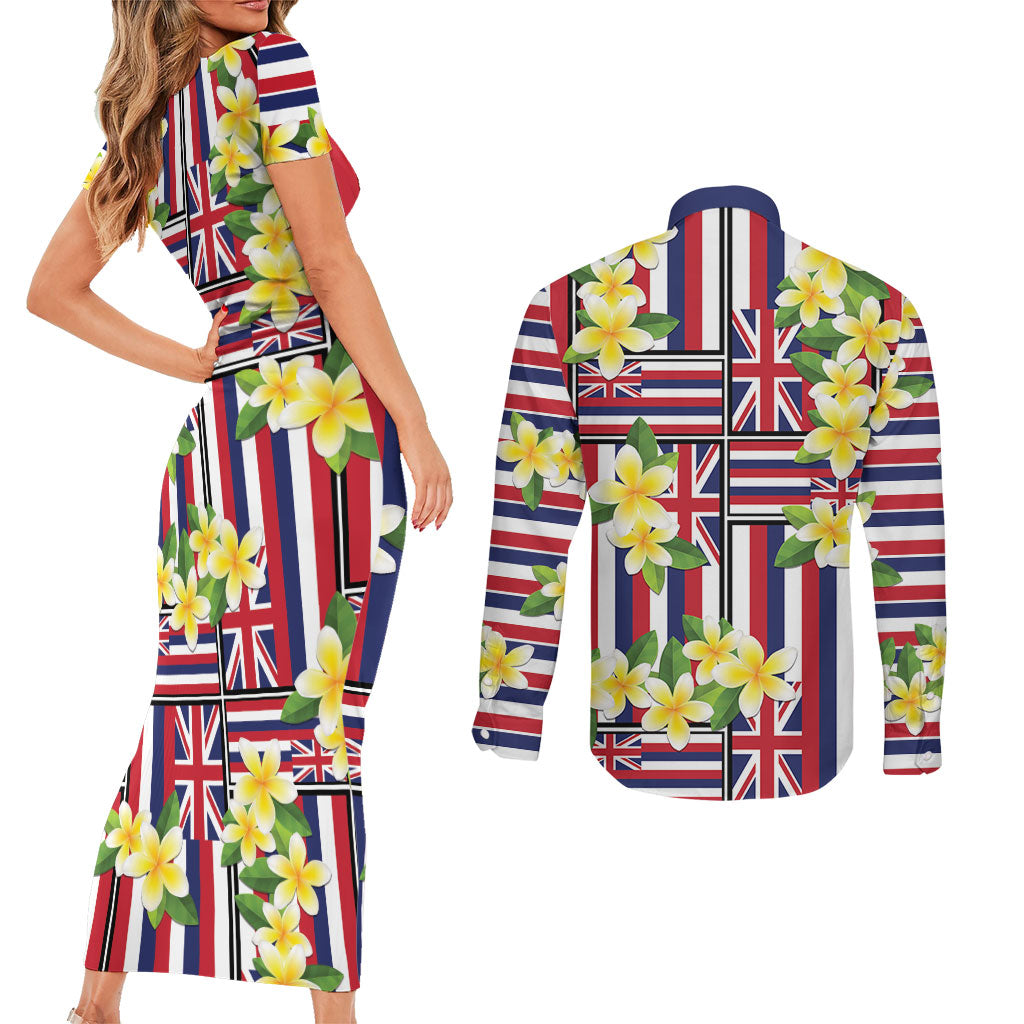 Hawaii Plumeria Lei Couples Matching Short Sleeve Bodycon Dress and Long Sleeve Button Shirt Hawaiian Flag Motif LT9 - Polynesian Pride