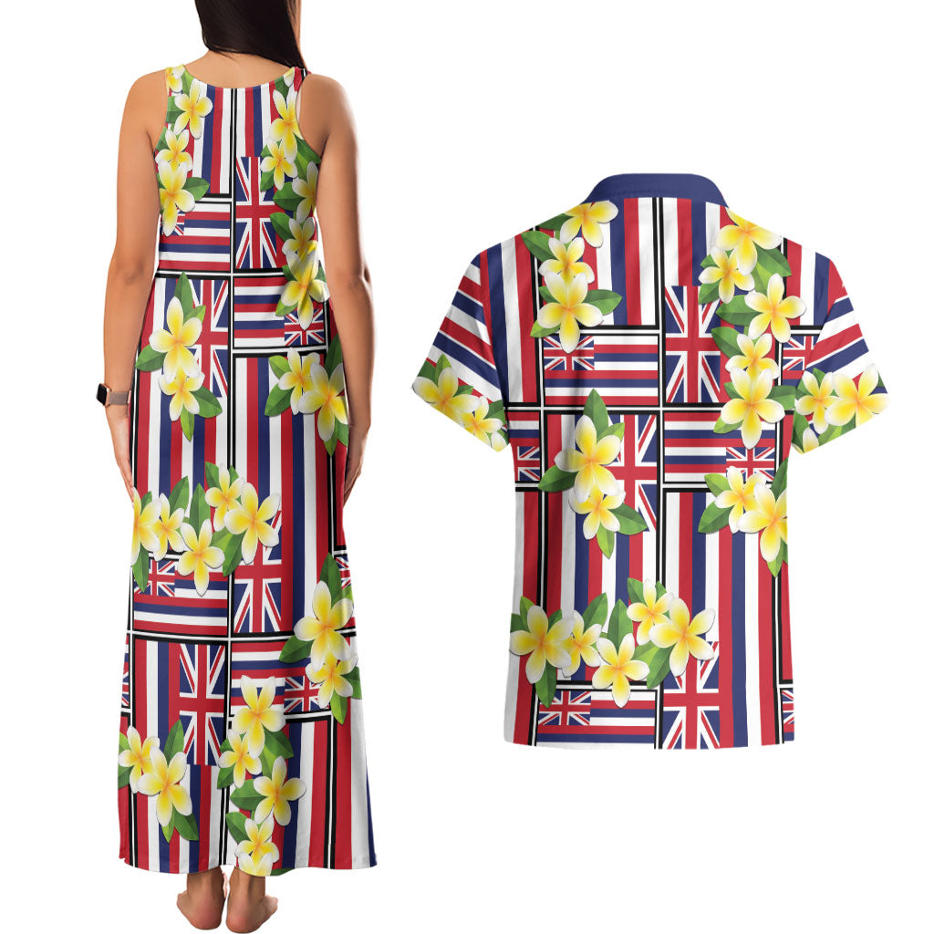 Hawaii Plumeria Lei Couples Matching Tank Maxi Dress and Hawaiian Shirt Hawaiian Flag Motif LT9 - Polynesian Pride