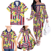Hawaii Plumeria Lei Family Matching Off The Shoulder Long Sleeve Dress and Hawaiian Shirt Hawaiian Flag Motif LT9 - Polynesian Pride