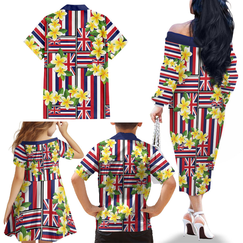 Hawaii Plumeria Lei Family Matching Off The Shoulder Long Sleeve Dress and Hawaiian Shirt Hawaiian Flag Motif LT9 - Polynesian Pride
