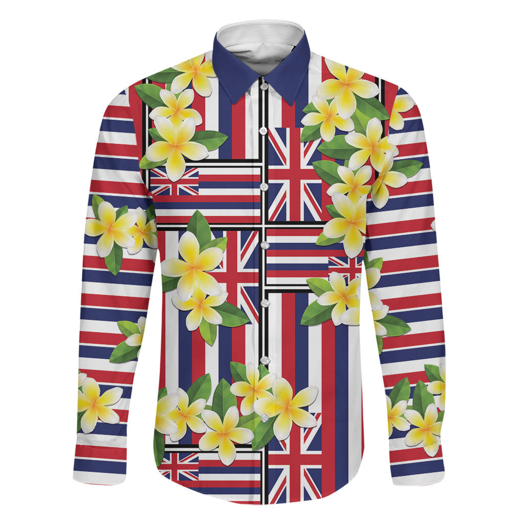 Hawaii Plumeria Lei Family Matching Off Shoulder Maxi Dress and Hawaiian Shirt Hawaiian Flag Motif LT9 Dad's Shirt - Long Sleeve Red - Polynesian Pride