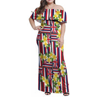 Hawaii Plumeria Lei Family Matching Off Shoulder Maxi Dress and Hawaiian Shirt Hawaiian Flag Motif LT9 Mom's Dress Red - Polynesian Pride