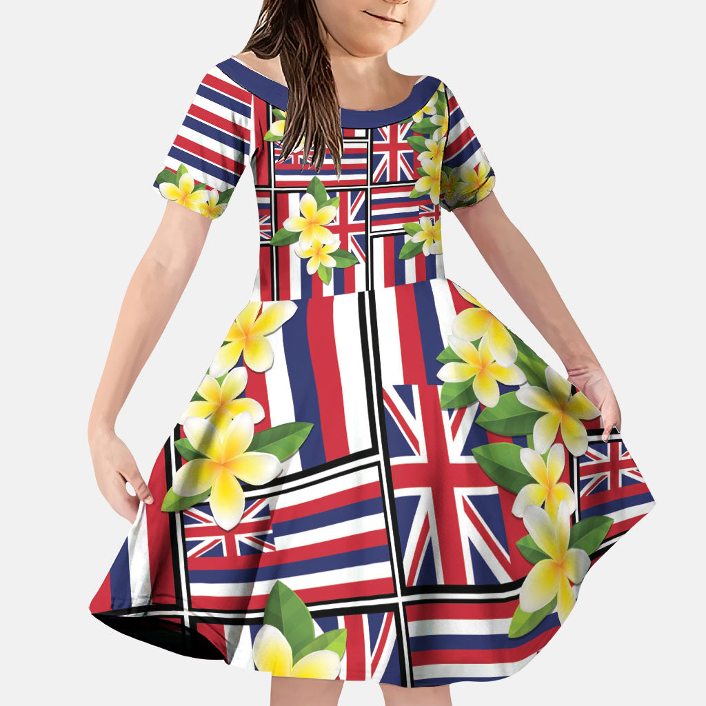 Hawaii Plumeria Lei Family Matching Summer Maxi Dress and Hawaiian Shirt Hawaiian Flag Motif LT9 Daughter's Dress Red - Polynesian Pride