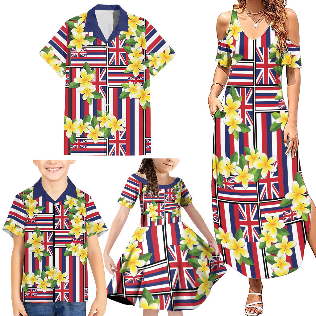 Hawaii Plumeria Lei Family Matching Summer Maxi Dress and Hawaiian Shirt Hawaiian Flag Motif