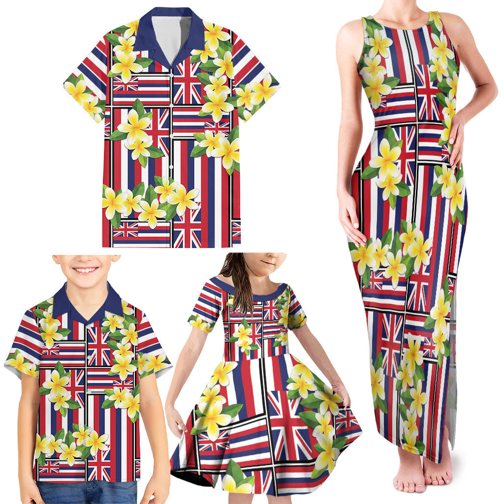 Hawaii Plumeria Lei Family Matching Tank Maxi Dress and Hawaiian Shirt Hawaiian Flag Motif LT9 - Polynesian Pride