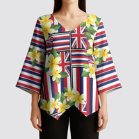 Hawaii Plumeria Lei Kimono Sleeve Blouse Hawaiian Flag Motif