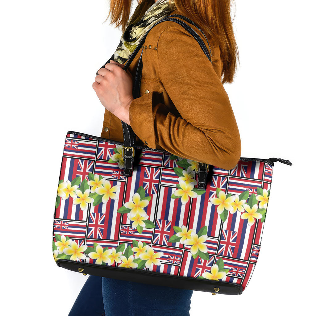 Hawaii Plumeria Lei Leather Tote Bag Hawaiian Flag Motif