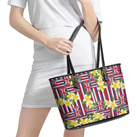 Hawaii Plumeria Lei Leather Tote Bag Hawaiian Flag Motif
