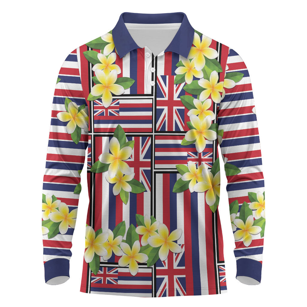 Hawaii Plumeria Lei Long Sleeve Polo Shirt Hawaiian Flag Motif