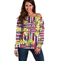 Hawaii Plumeria Lei Off Shoulder Sweater Hawaiian Flag Motif LT9 Women Red - Polynesian Pride