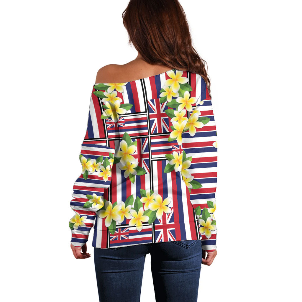 Hawaii Plumeria Lei Off Shoulder Sweater Hawaiian Flag Motif LT9 - Polynesian Pride
