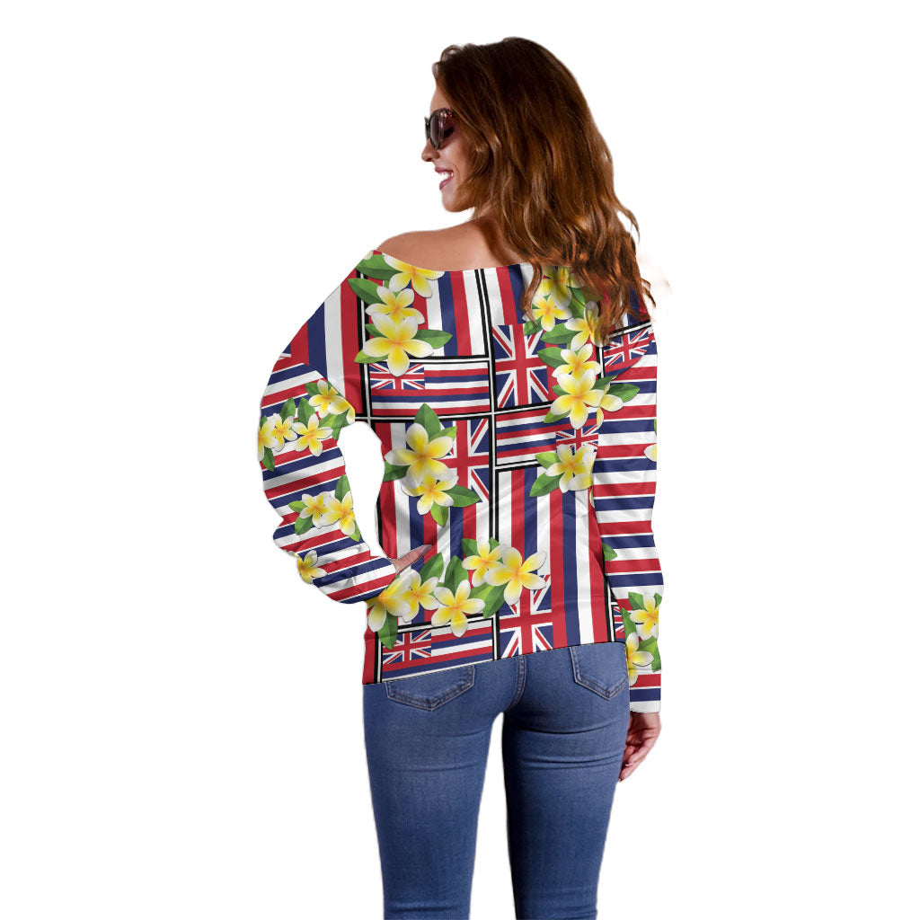 Hawaii Plumeria Lei Off Shoulder Sweater Hawaiian Flag Motif LT9 - Polynesian Pride