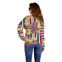Hawaii Plumeria Lei Off Shoulder Sweater Hawaiian Flag Motif LT9 - Polynesian Pride