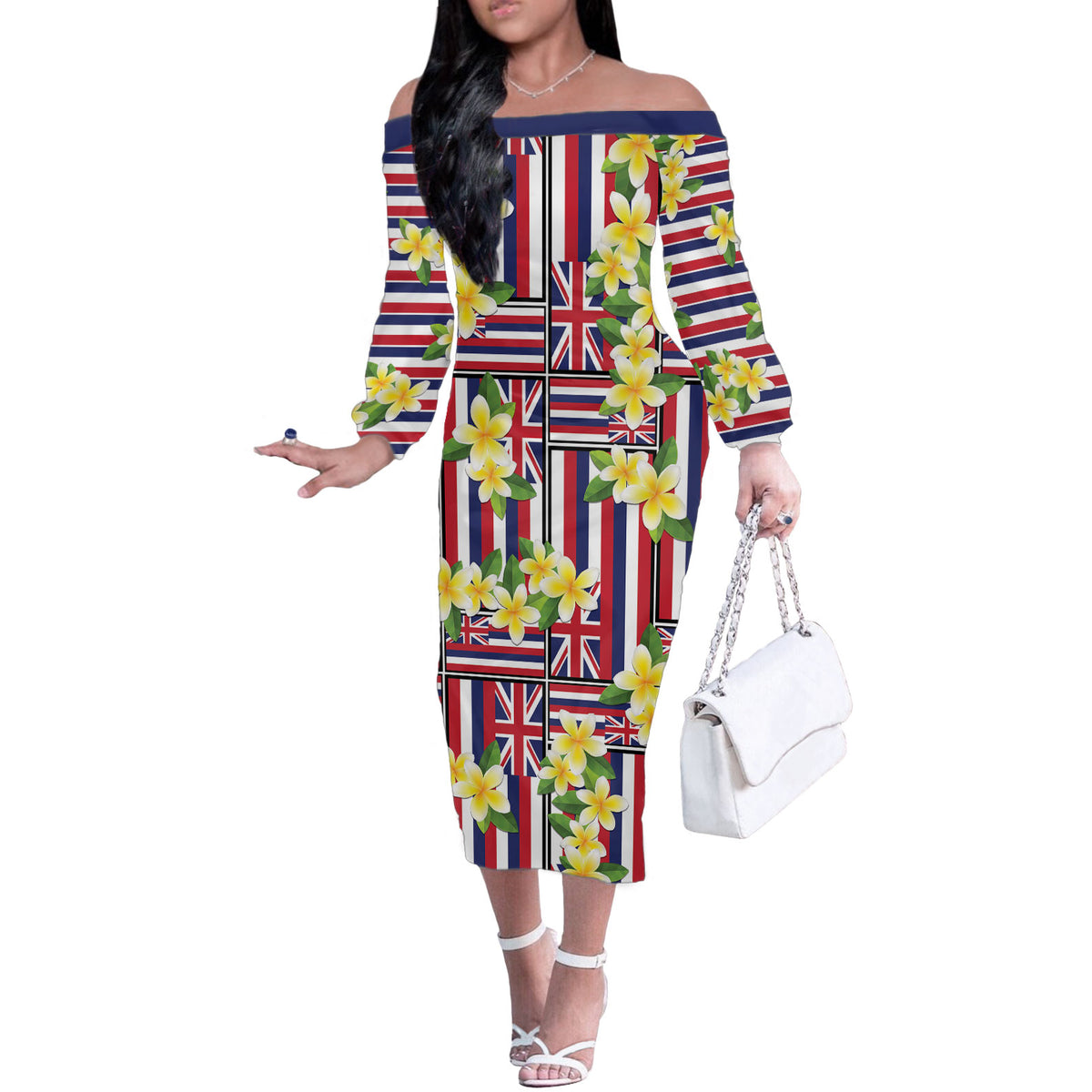 Hawaii Plumeria Lei Off The Shoulder Long Sleeve Dress Hawaiian Flag Motif LT9 Women Red - Polynesian Pride