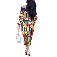 Hawaii Plumeria Lei Off The Shoulder Long Sleeve Dress Hawaiian Flag Motif LT9 - Polynesian Pride