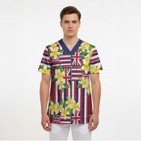 Hawaii Plumeria Lei Scrub Top Hawaiian Flag Motif