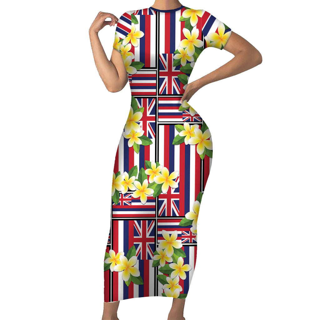Hawaii Plumeria Lei Short Sleeve Bodycon Dress Hawaiian Flag Motif LT9 Long Dress Red - Polynesian Pride